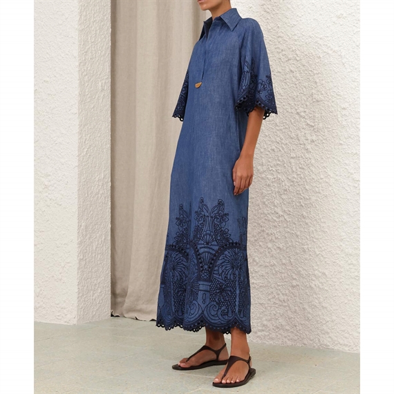 Zimmermann Coco Embroidered Denim Kjole, Railway Blue